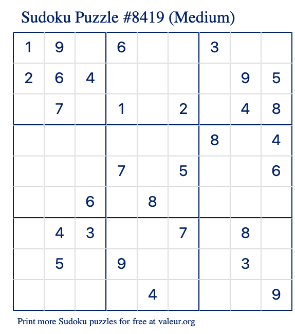 Free Printable Medium Sudoku Puzzle number 8419