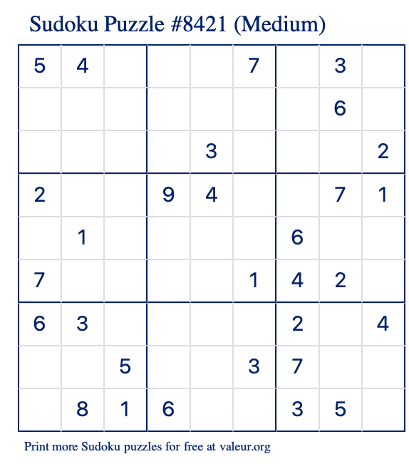 Free Printable Medium Sudoku Puzzle number 8421