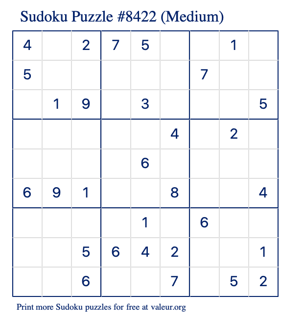 Free Printable Medium Sudoku Puzzle number 8422