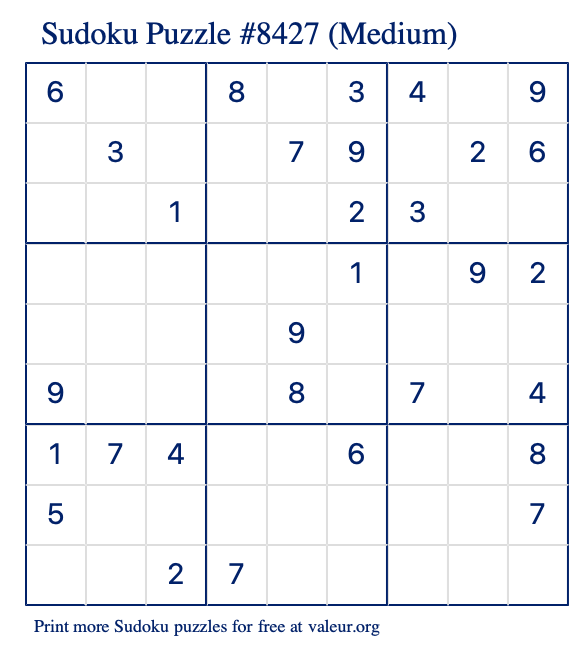 Free Printable Medium Sudoku Puzzle number 8427