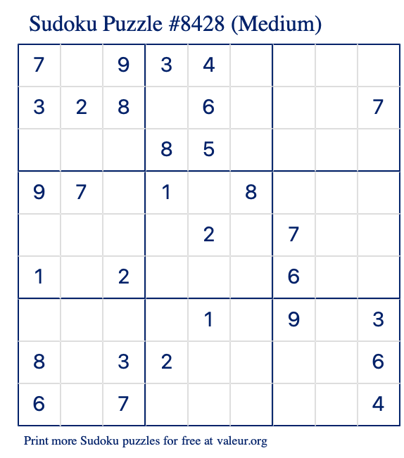 Free Printable Medium Sudoku Puzzle number 8428