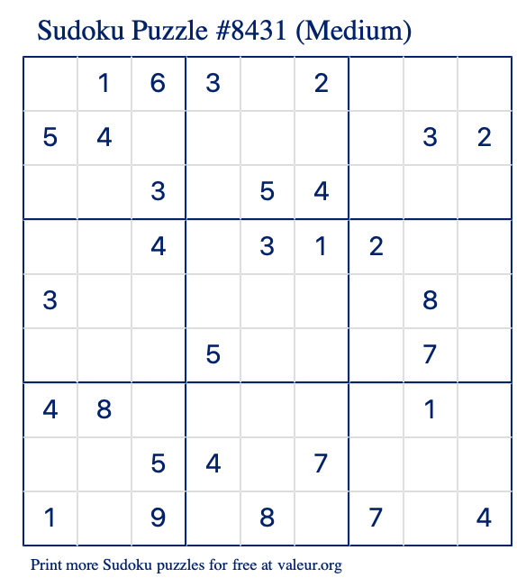 Free Printable Medium Sudoku Puzzle number 8431