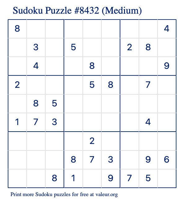 Free Printable Medium Sudoku Puzzle number 8432