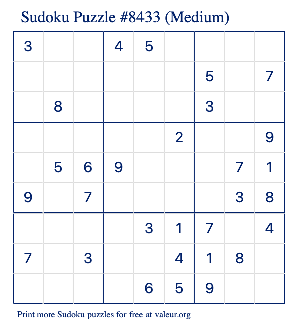 Free Printable Medium Sudoku Puzzle number 8433