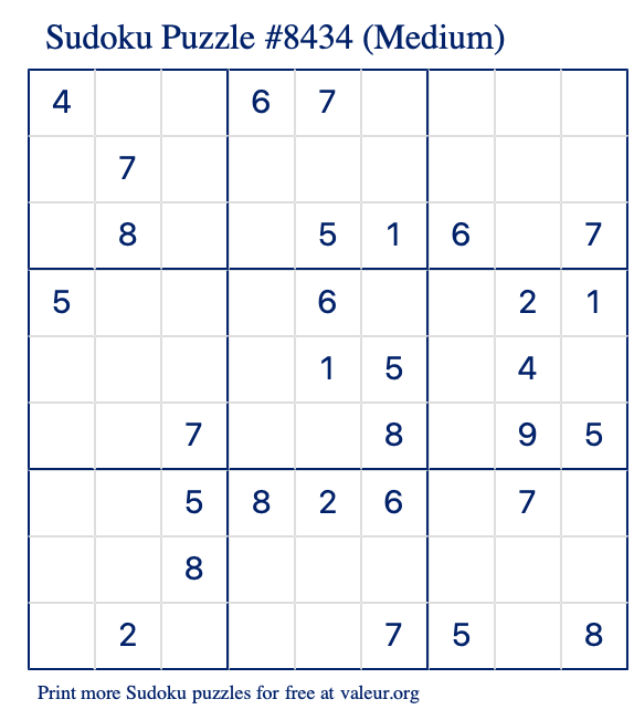 Free Printable Medium Sudoku Puzzle number 8434