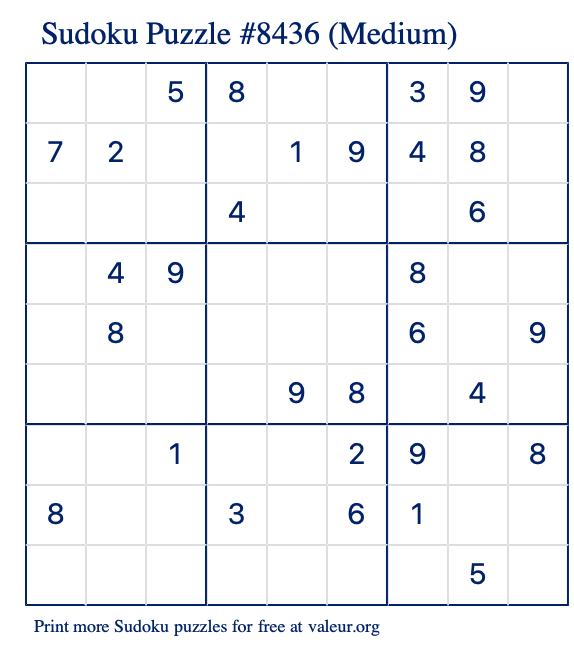 Free Printable Medium Sudoku Puzzle number 8436