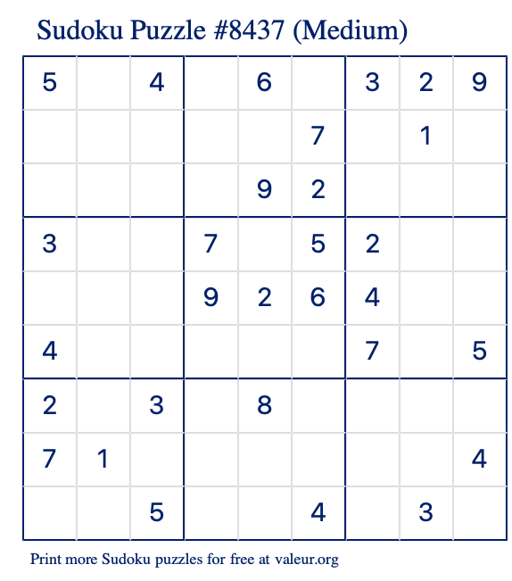 Free Printable Medium Sudoku Puzzle number 8437