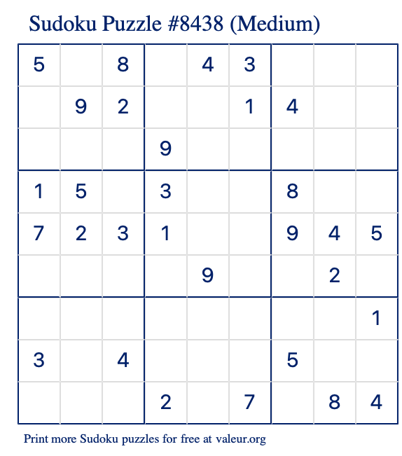 Free Printable Medium Sudoku Puzzle number 8438