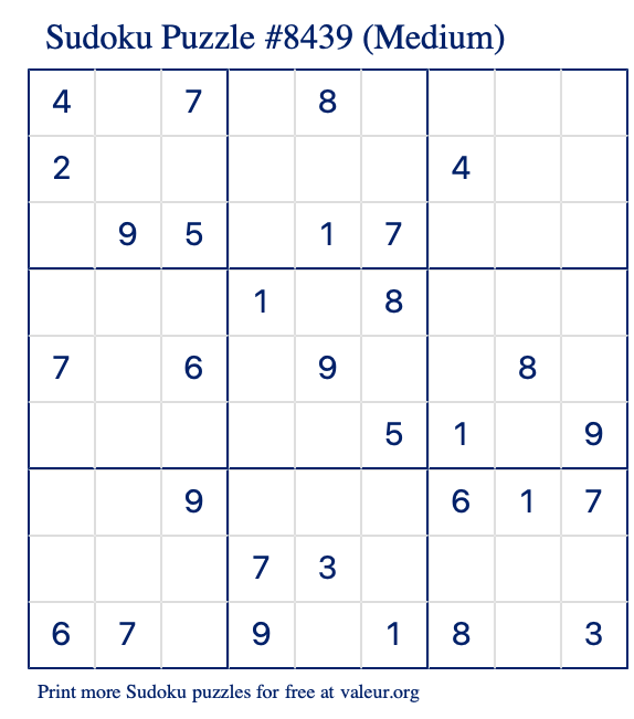 Free Printable Medium Sudoku Puzzle number 8439