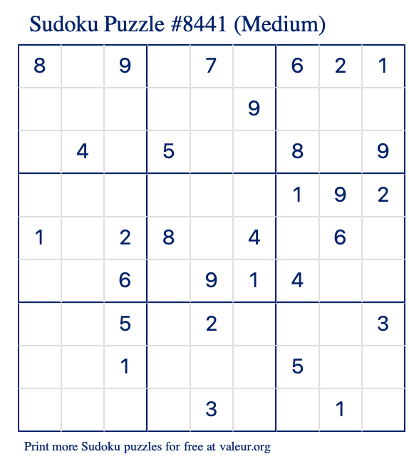 Free Printable Medium Sudoku Puzzle number 8441