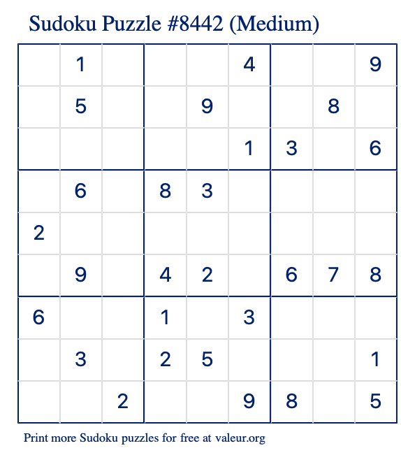 Free Printable Medium Sudoku Puzzle number 8442