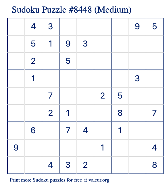 Free Printable Medium Sudoku Puzzle number 8448