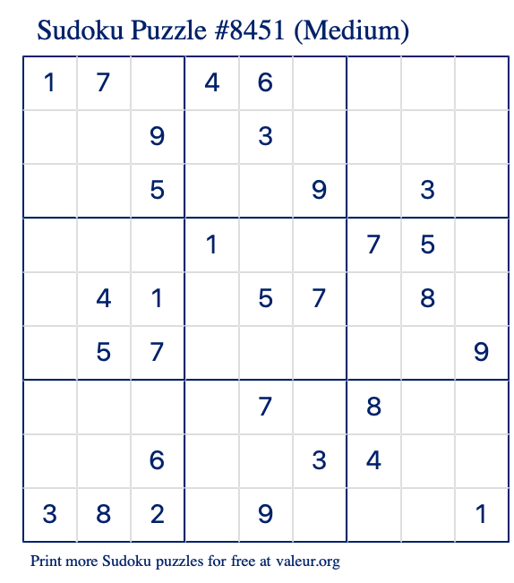 Free Printable Medium Sudoku Puzzle number 8451