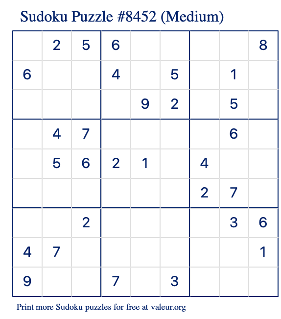 Free Printable Medium Sudoku Puzzle number 8452