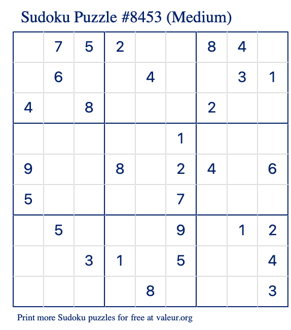 Free Printable Medium Sudoku Puzzle number 8453