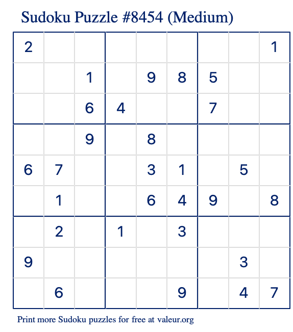 Free Printable Medium Sudoku Puzzle number 8454