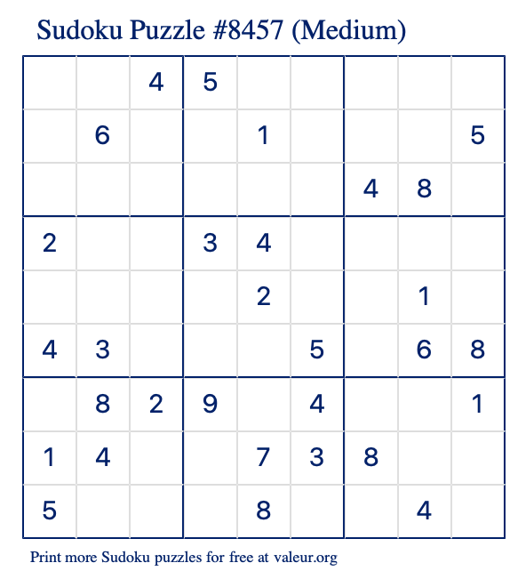 Free Printable Medium Sudoku Puzzle number 8457