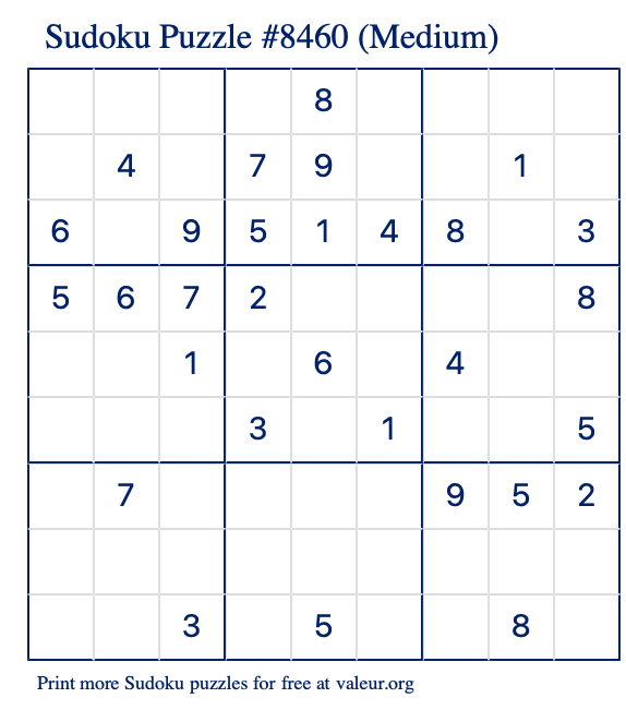 Free Printable Medium Sudoku Puzzle number 8460