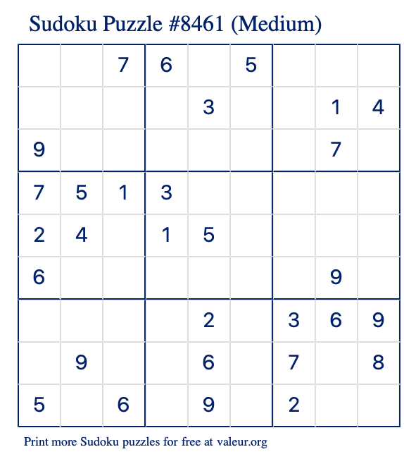 Free Printable Medium Sudoku Puzzle number 8461