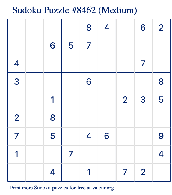 Free Printable Medium Sudoku Puzzle number 8462
