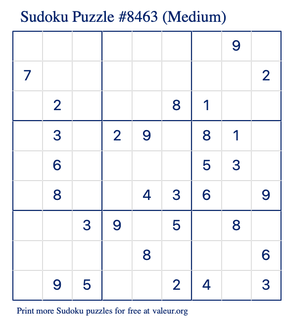 Free Printable Medium Sudoku Puzzle number 8463