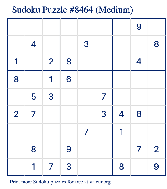 Free Printable Medium Sudoku Puzzle number 8464