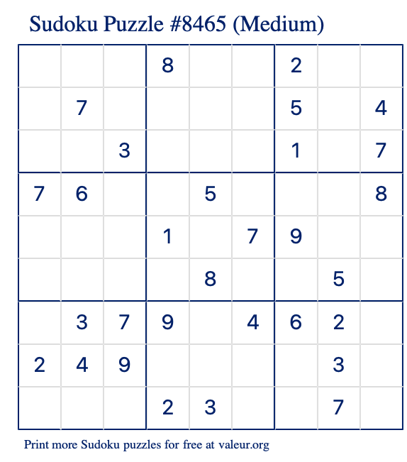 Free Printable Medium Sudoku Puzzle number 8465