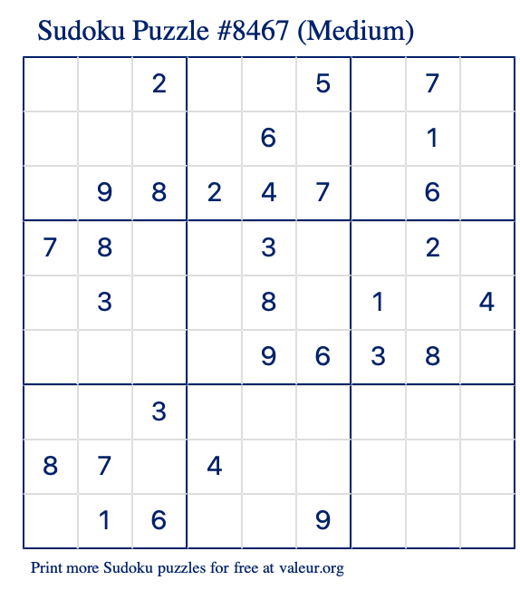 Free Printable Medium Sudoku Puzzle number 8467