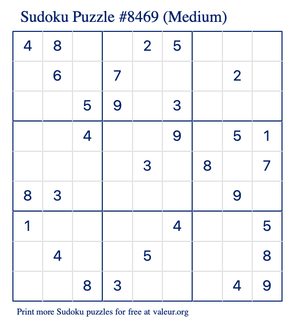 Free Printable Medium Sudoku Puzzle number 8469