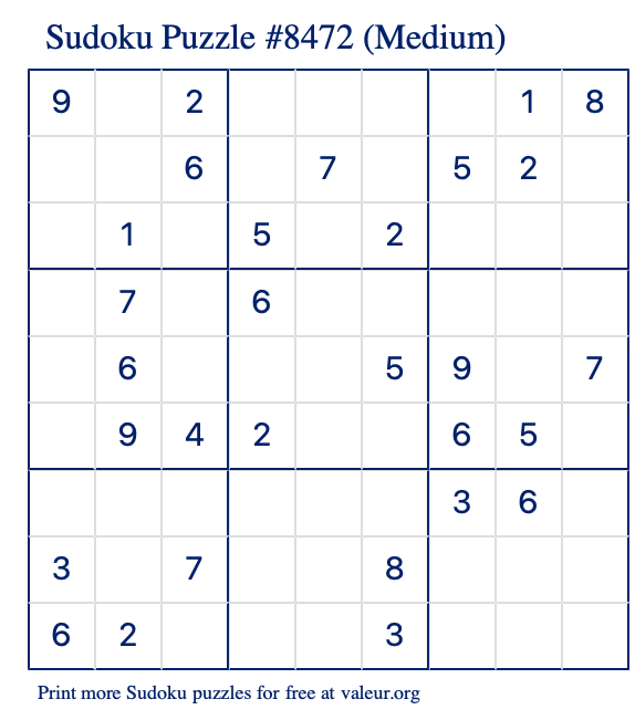 Free Printable Medium Sudoku Puzzle number 8472
