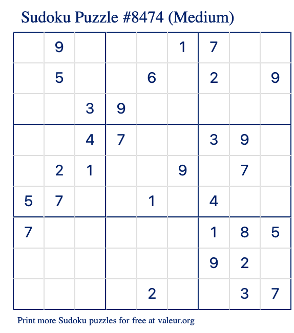 Free Printable Medium Sudoku Puzzle number 8474