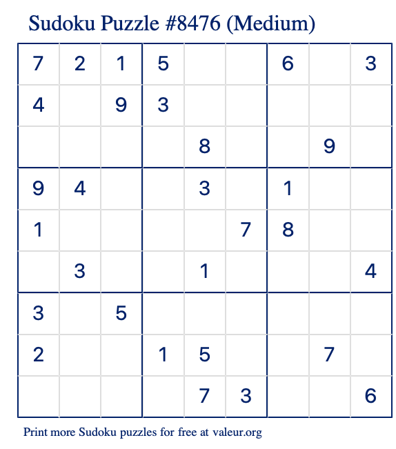 Free Printable Medium Sudoku Puzzle number 8476