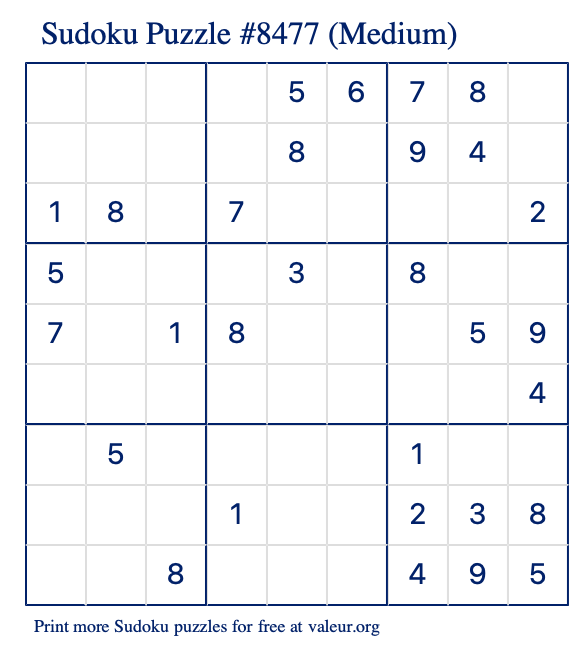 Free Printable Medium Sudoku Puzzle number 8477