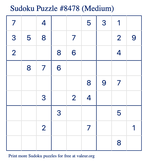Free Printable Medium Sudoku Puzzle number 8478