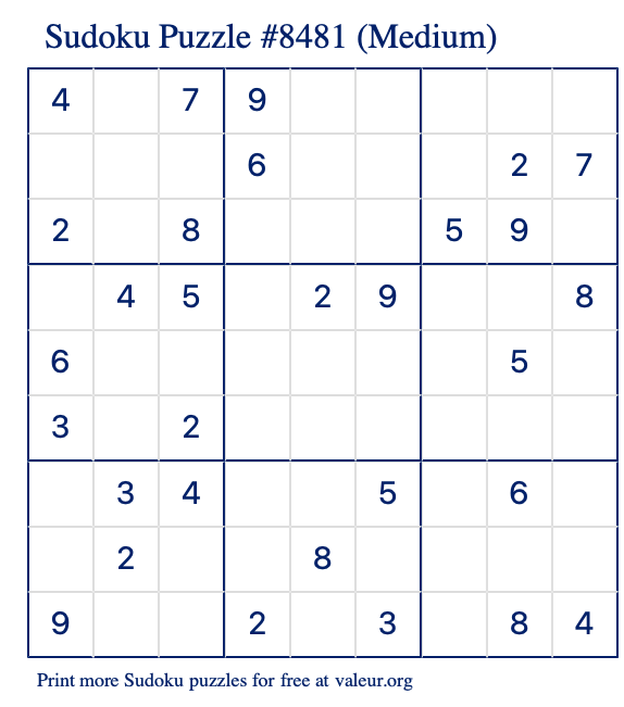 Free Printable Medium Sudoku Puzzle number 8481