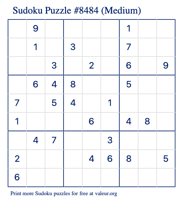 Free Printable Medium Sudoku Puzzle number 8484