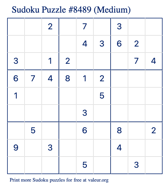 Free Printable Medium Sudoku Puzzle number 8489