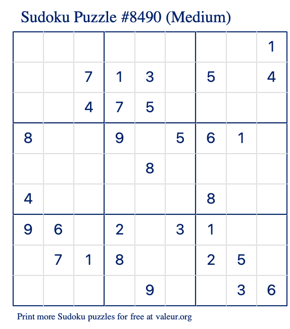 Free Printable Medium Sudoku Puzzle number 8490