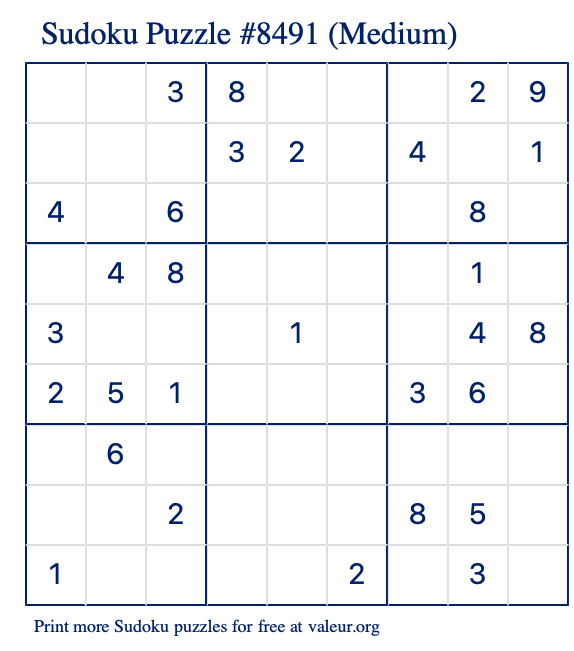 Free Printable Medium Sudoku Puzzle number 8491