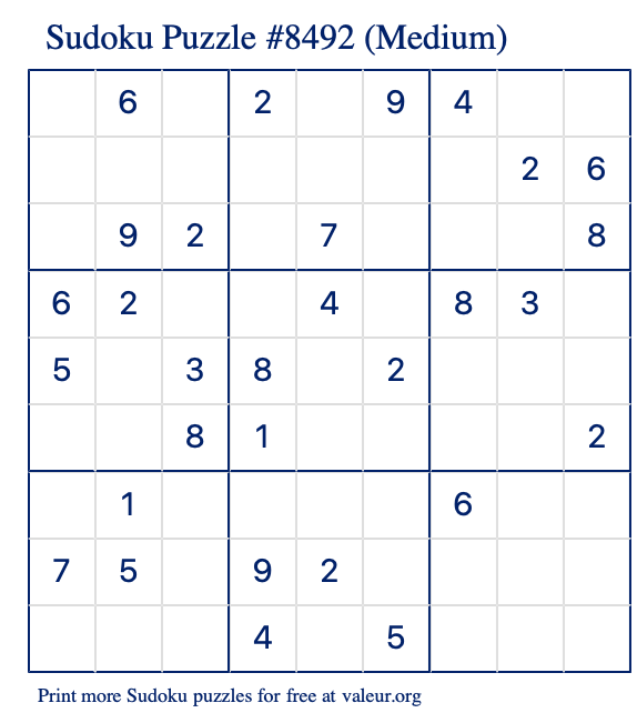 Free Printable Medium Sudoku Puzzle number 8492