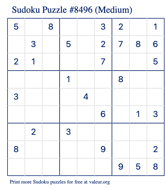 Free Printable Medium Sudoku Puzzle number 8496