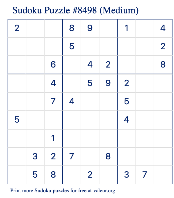 Free Printable Medium Sudoku Puzzle number 8498