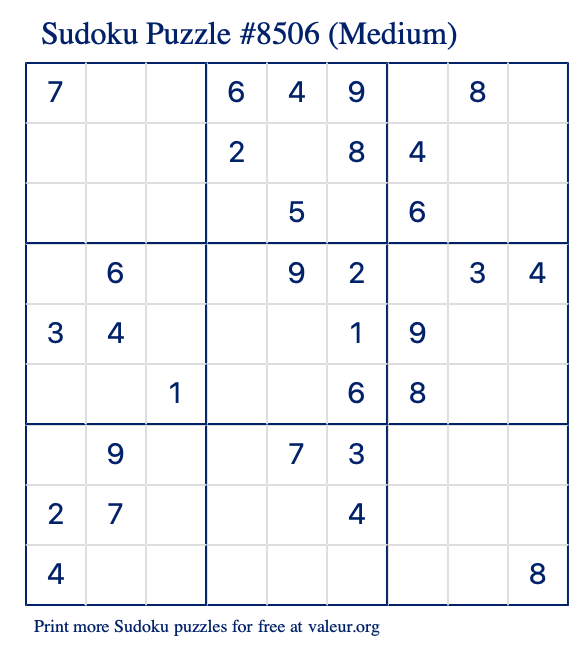 Free Printable Medium Sudoku Puzzle number 8506