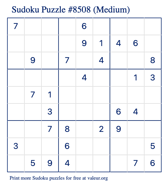 Free Printable Medium Sudoku Puzzle number 8508