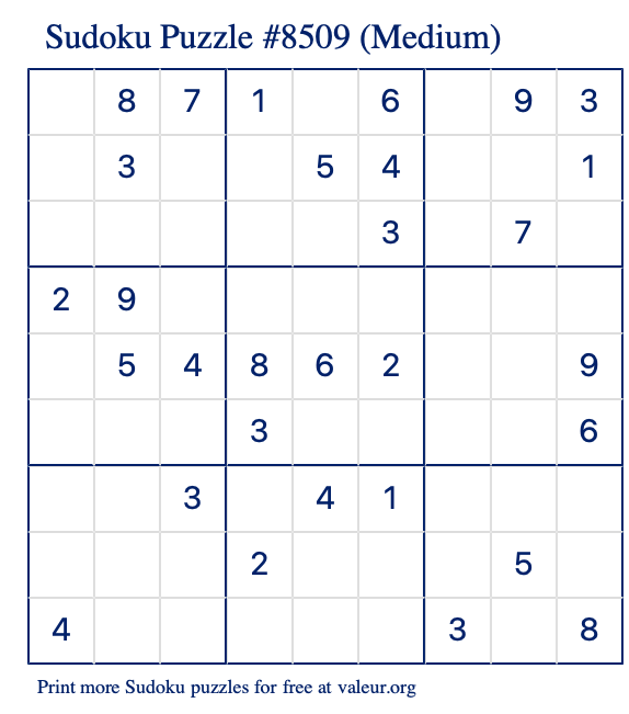 Free Printable Medium Sudoku Puzzle number 8509
