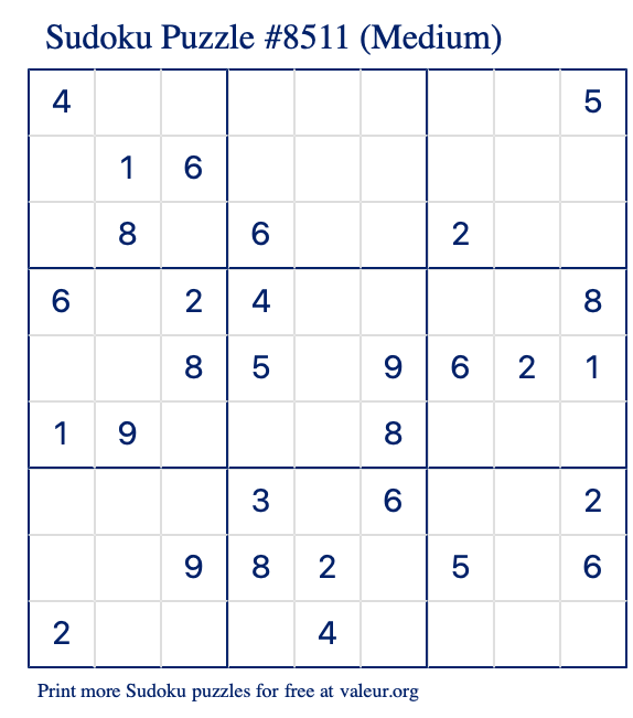 Free Printable Medium Sudoku Puzzle number 8511
