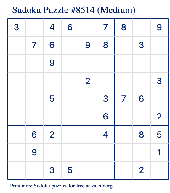 Free Printable Medium Sudoku Puzzle number 8514