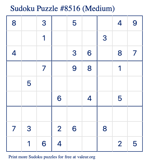 Free Printable Medium Sudoku Puzzle number 8516