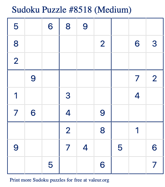 Free Printable Medium Sudoku Puzzle number 8518