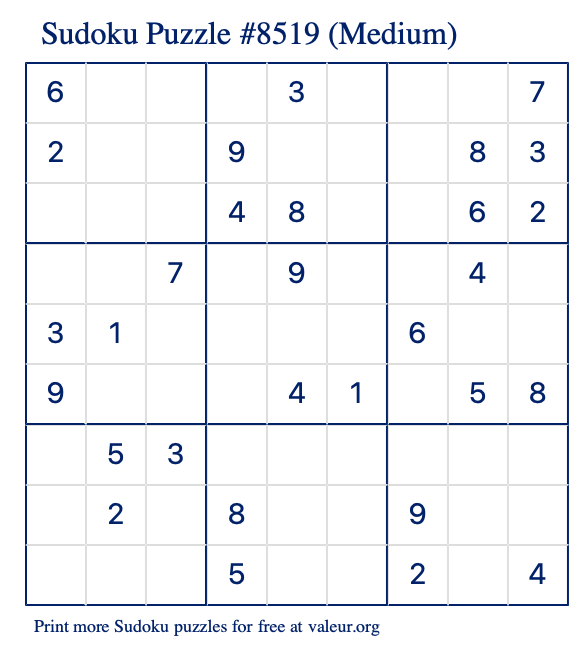 Free Printable Medium Sudoku Puzzle number 8519